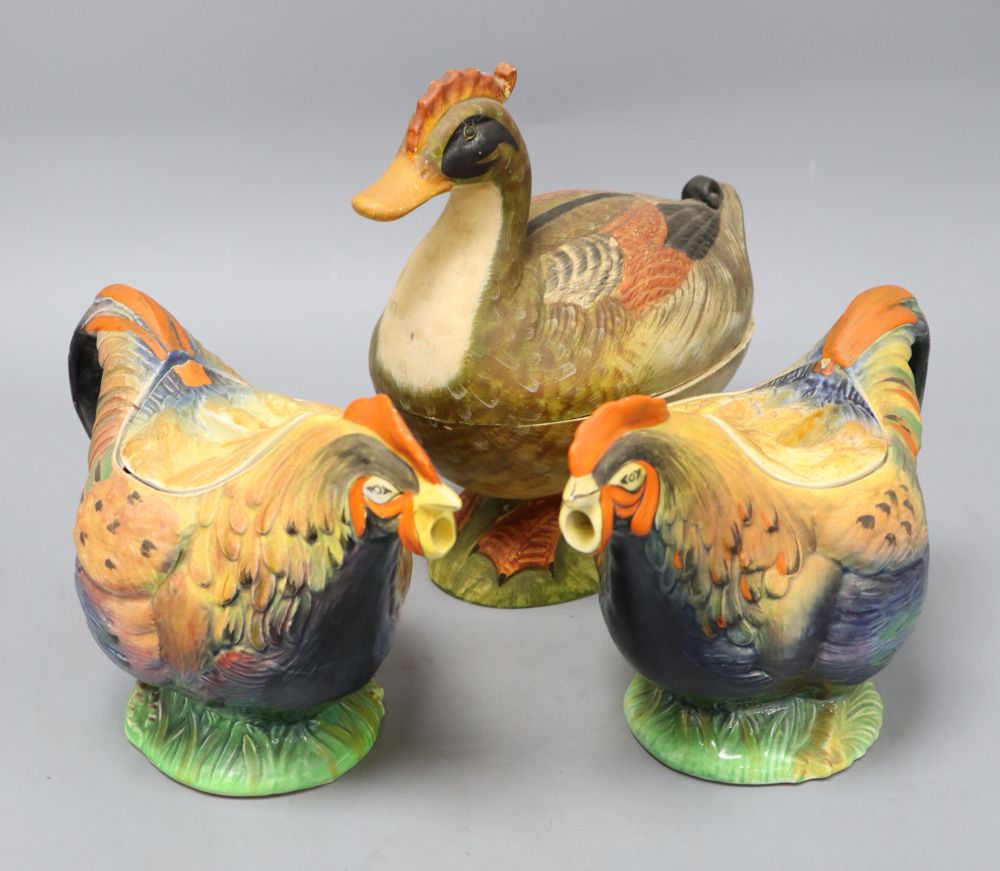 Two ceramic chicken teapots and an Italian duck box, tallest 24cm
